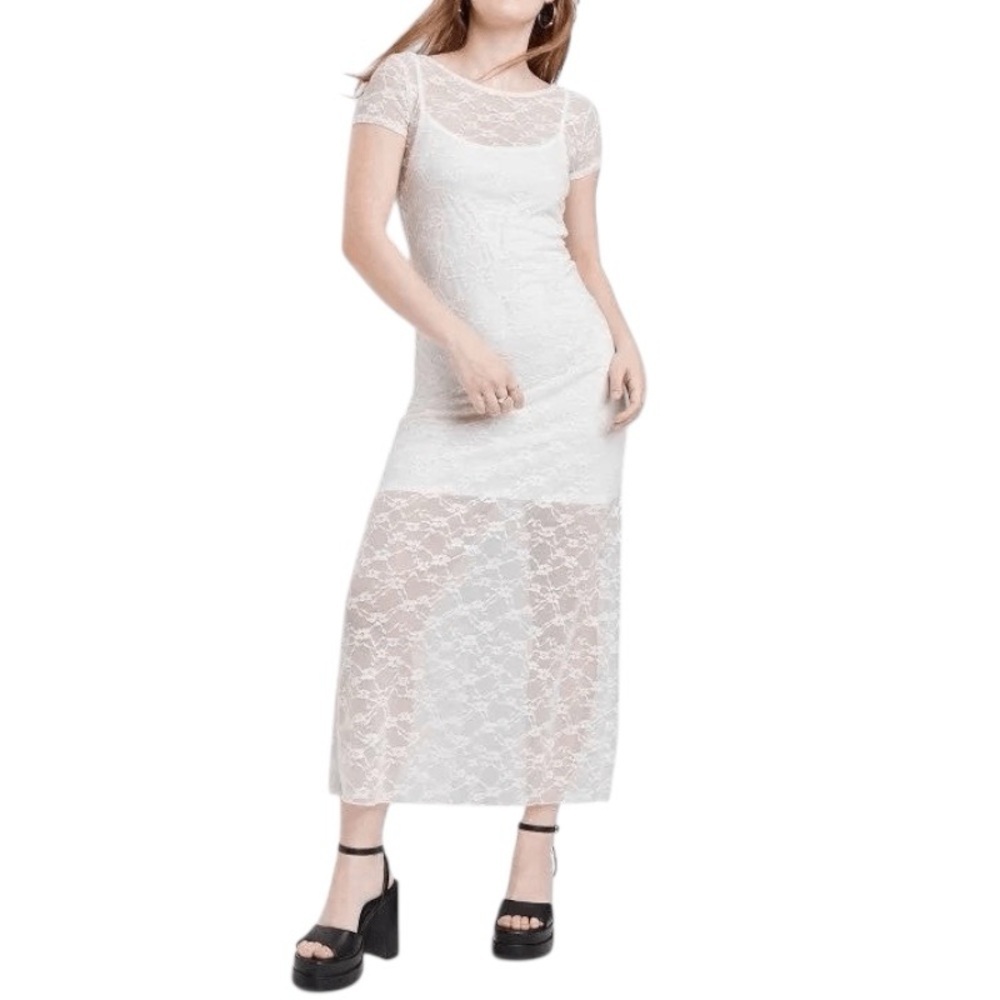 Wild Fable White Lace Midi Dress | Romantic Sheer Lace Coquette Summer Dress | S